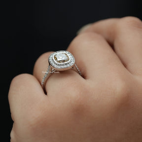 View of Bezel Set Old Mine Cushion Cut Halo Ring In finger