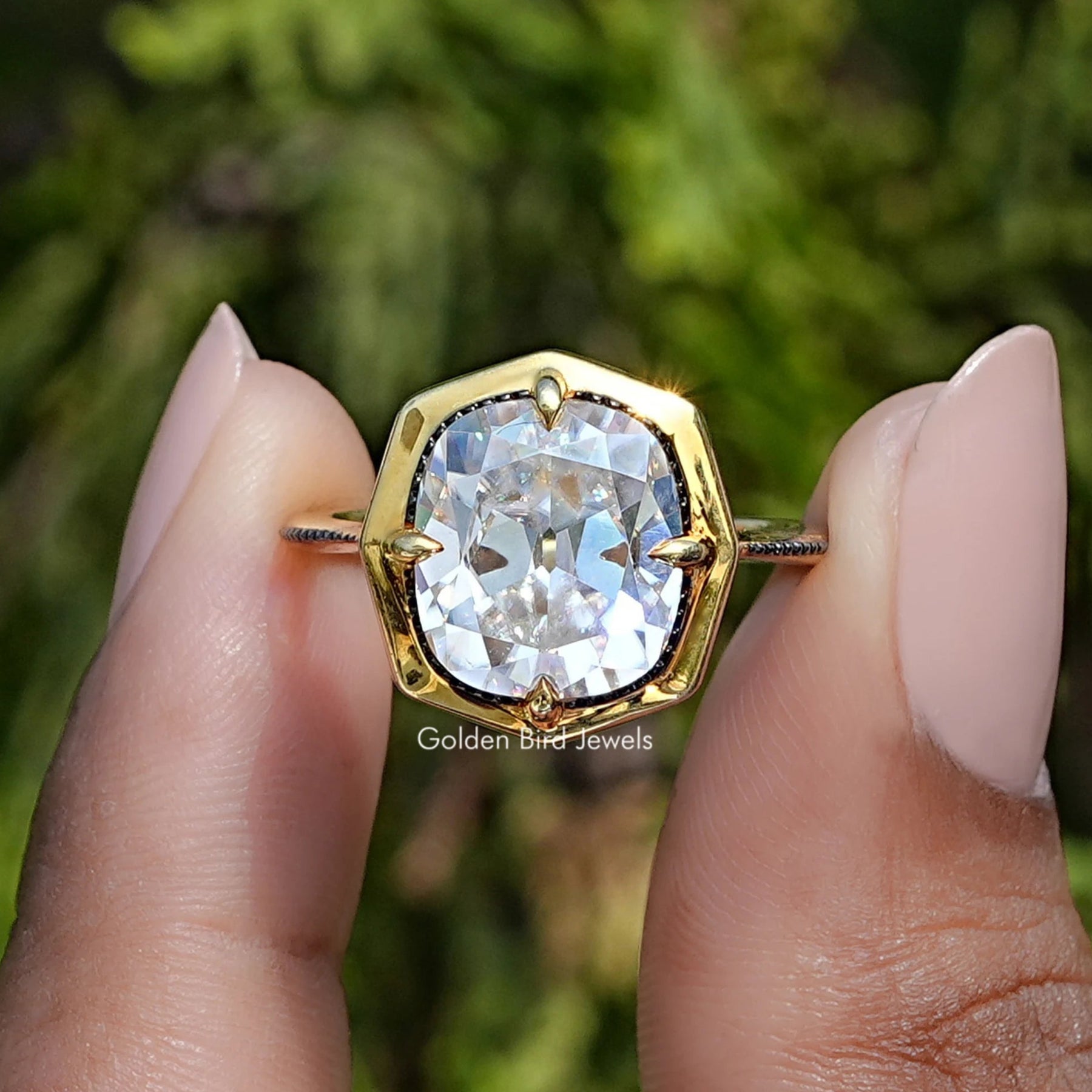 View of old mine cushion cut moissanite Wedding  Ring