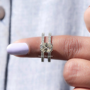 In finger front View of Old Mine Cushion Cut Accent Stone Ring