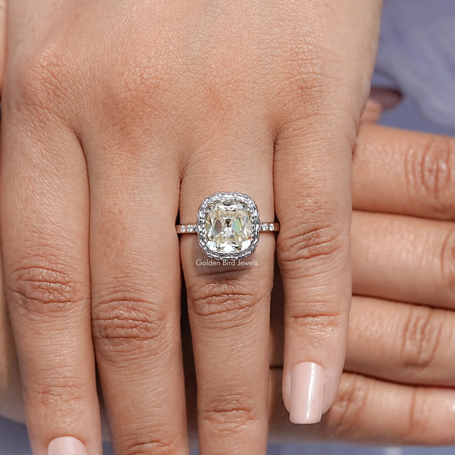 Off White Old Mine Cushion Cut Moissanite Ring