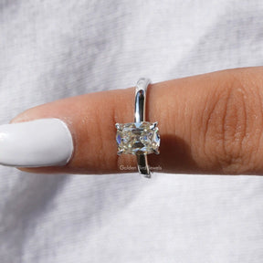 In finger front View of Cushion Cut Moissanite Solitaire Ring In White Gold