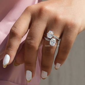 View of Moissanite Old Mine Cushion And Round Cut Two Stone Ring In Finger