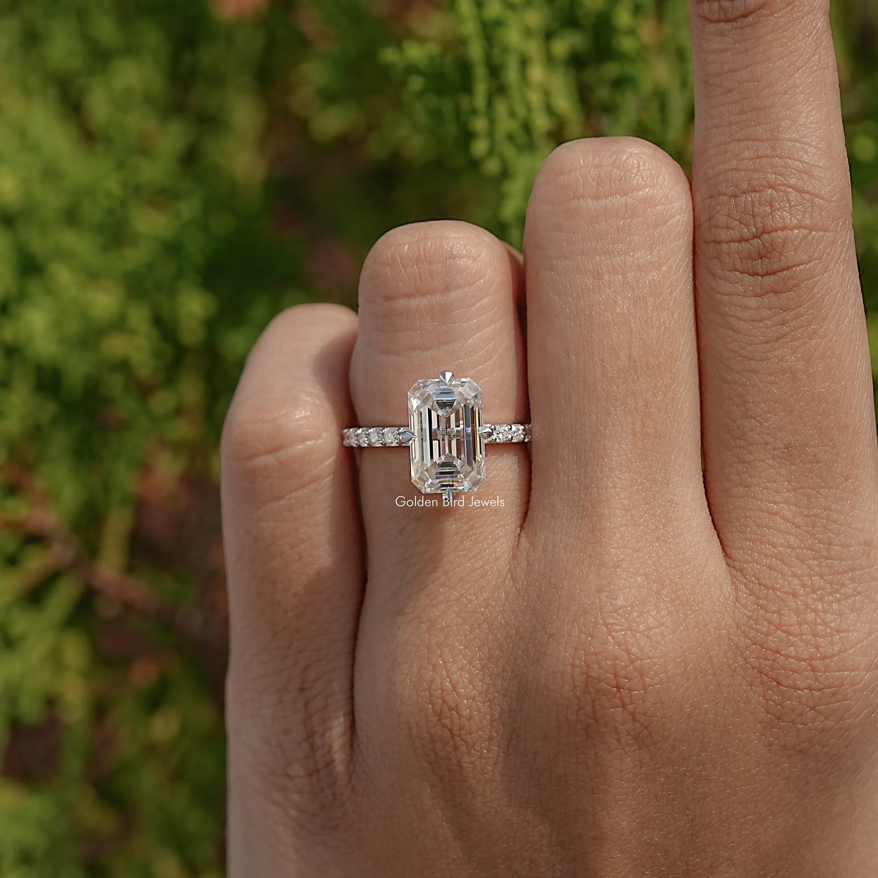 Old Mine Emerald Cut Moissanite Accent Ring