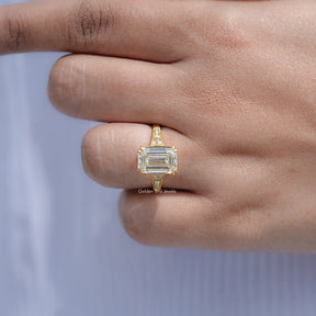 Old Mine Emerald Cut Moissanite Accent Stone Ring