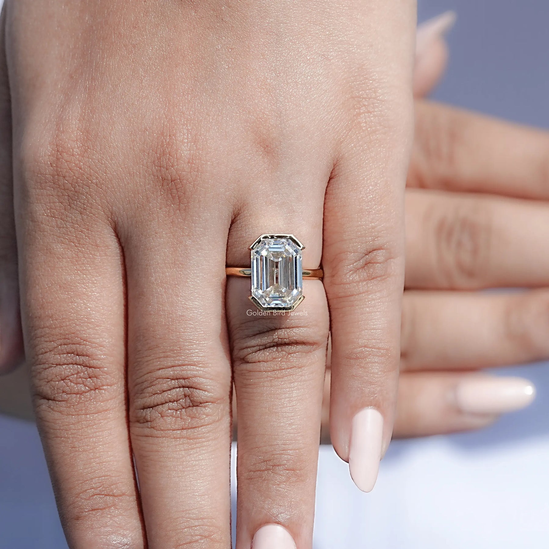 Near Colorless Old Mine Emerald Cut Moissanite Ring