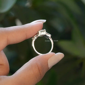 Back View of Moissanite Old Mine Emerald Cut Ring In finger