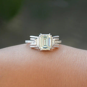 Detailed View Of Old Mine Emerald Cut Moissanite Ring In White Gold