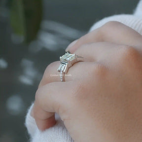 Detailed View Of Moissanite Emerald Cut Vintage Style Ring In White Gold