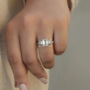 View of Old Mine Emerald Cut Moissanite Ring In Finger