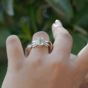 View of Old Mine Emerald Cut Vintage Ring In Finger