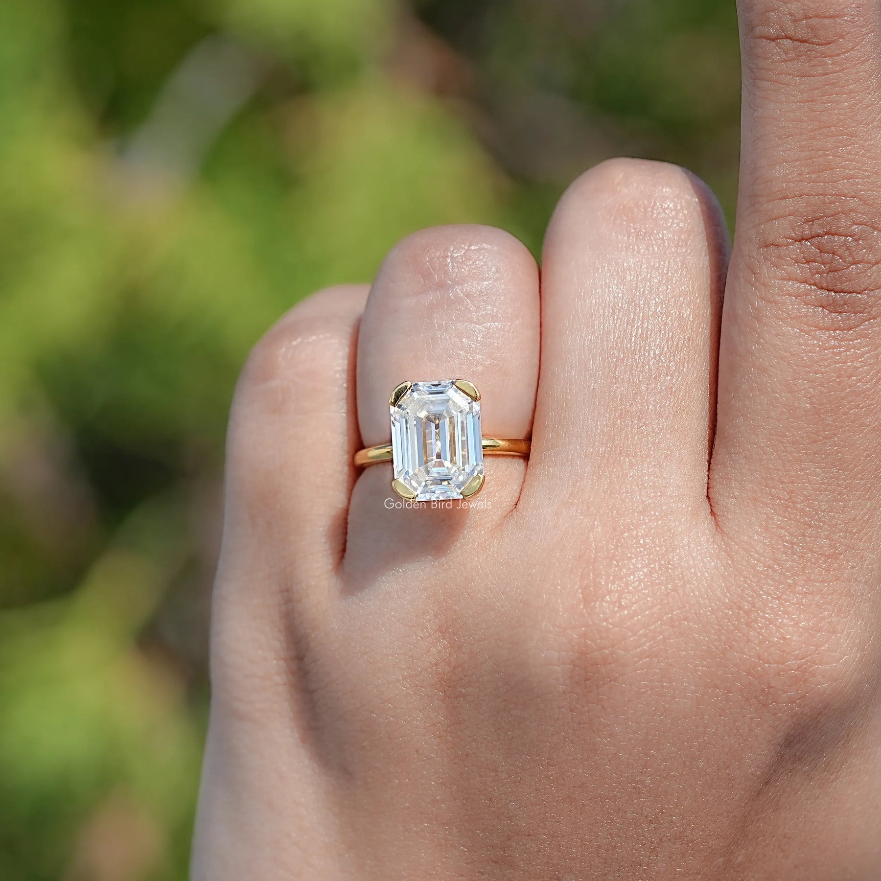 Off White Old Mine Emerald Cut Moissanite Ring