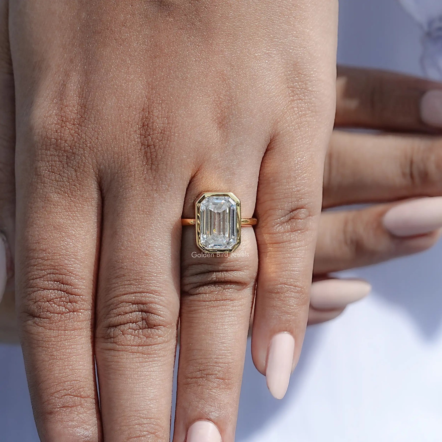 Bezel Set Old Mine Emerald Moissanite Engagement Ring