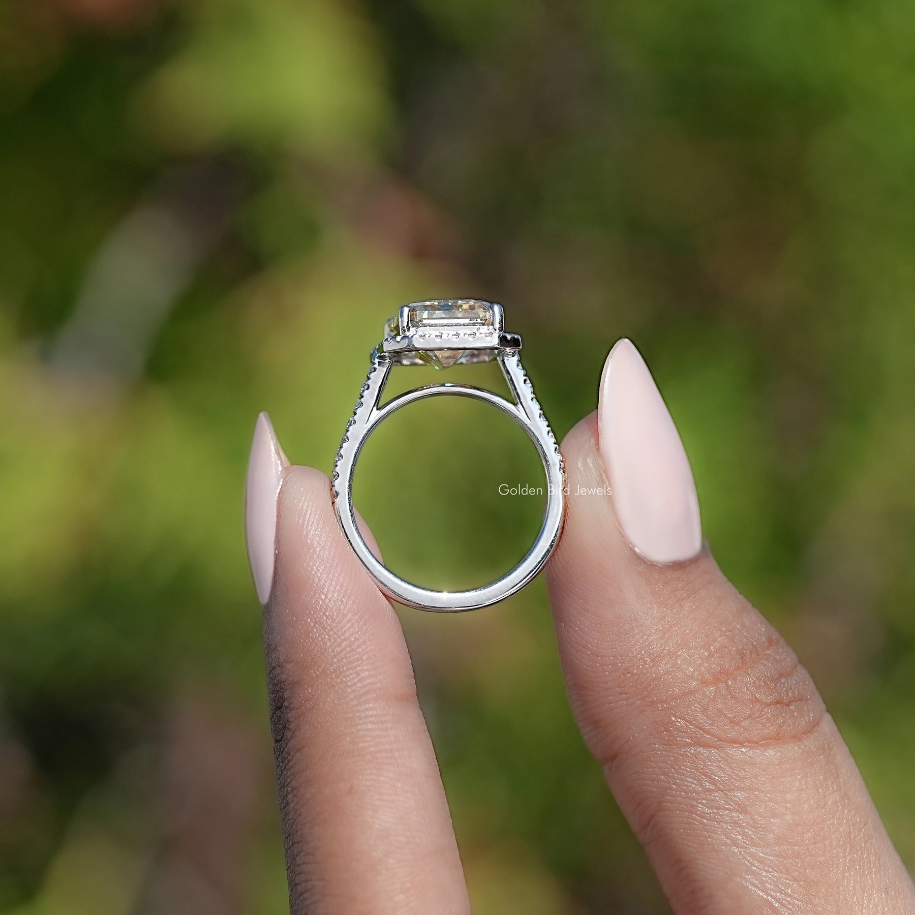 Old Mine Emerald Moissanite Halo Accent Ring