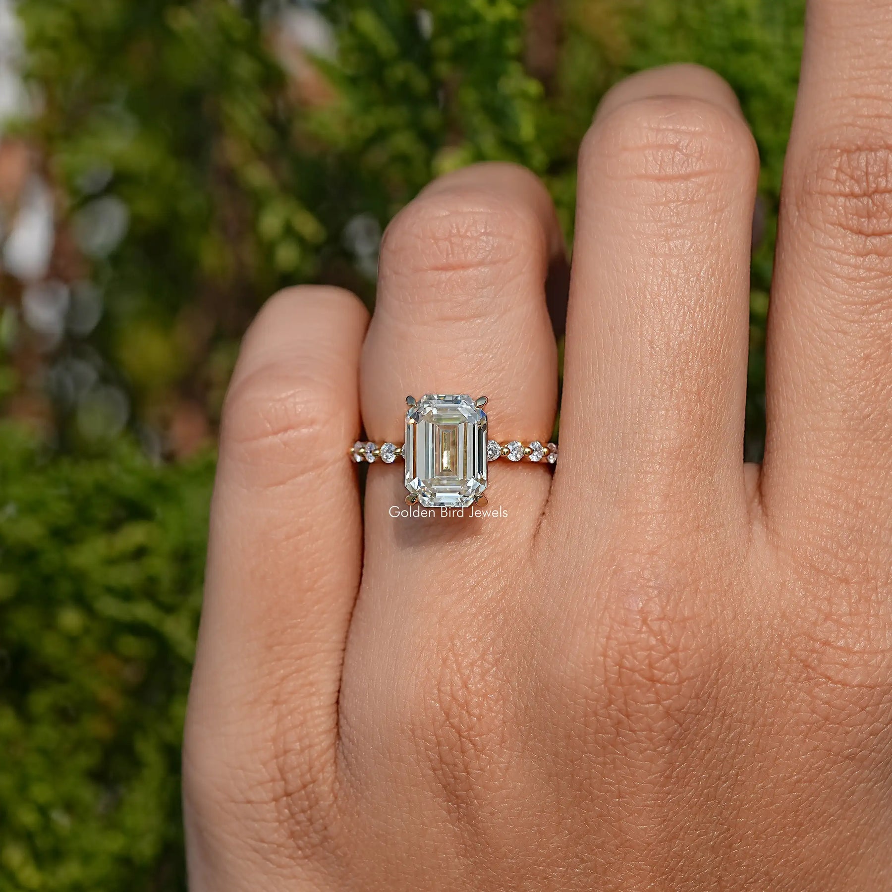 Moissanite Old Mine Emerald Accent Stone Ring