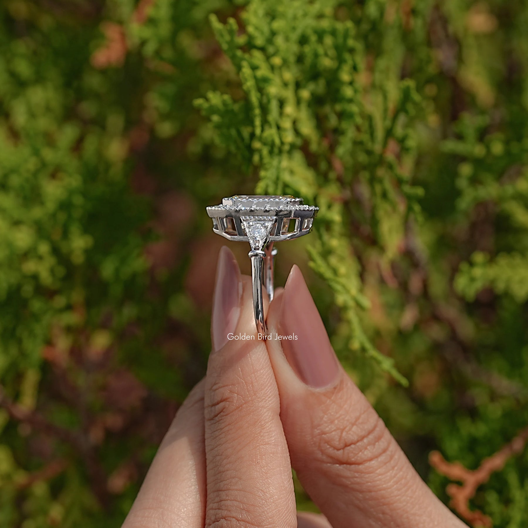 Old Mine Emerald Cut Moissanite Engagement Ring