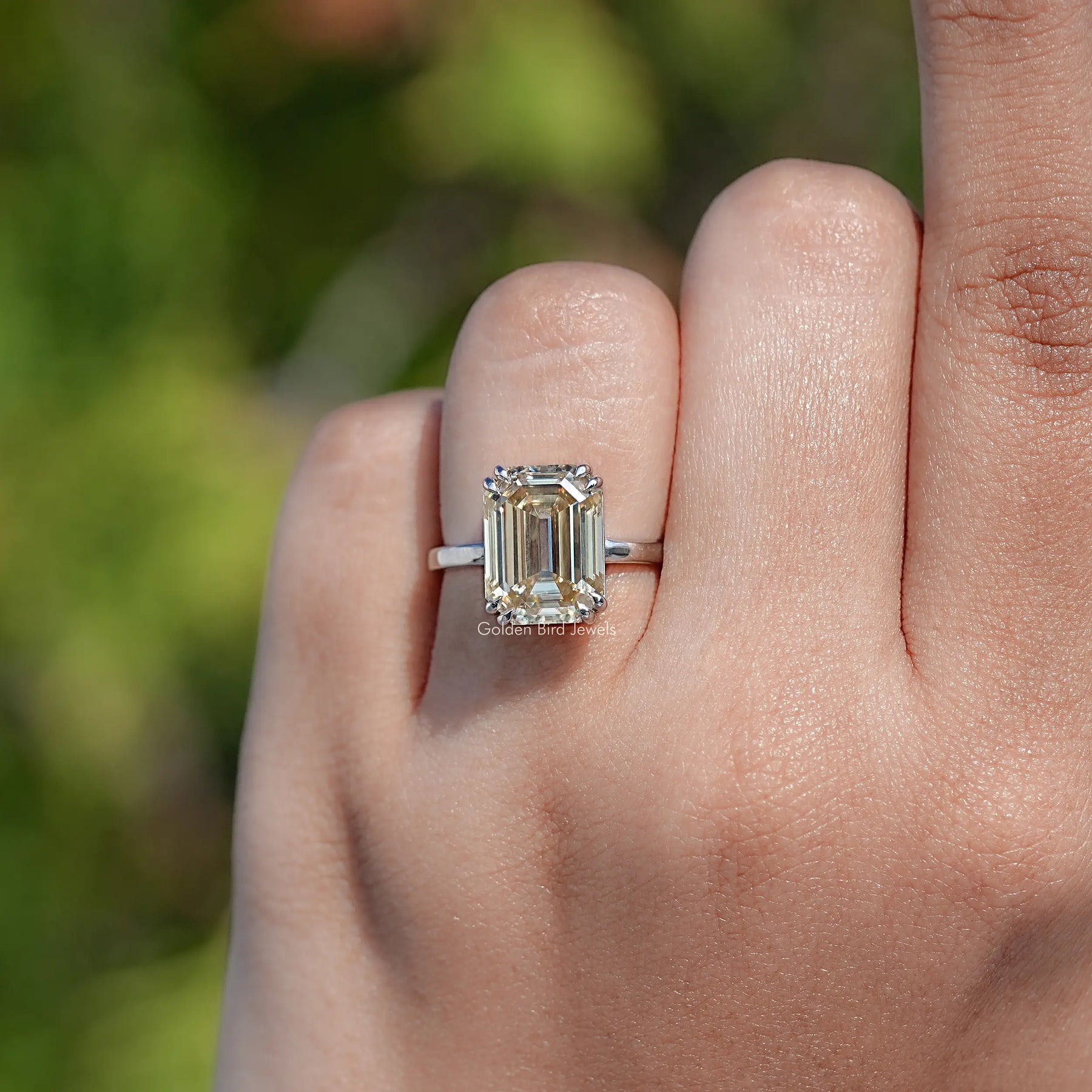 Old Mine Emerald Moissanite Solitaire Ring