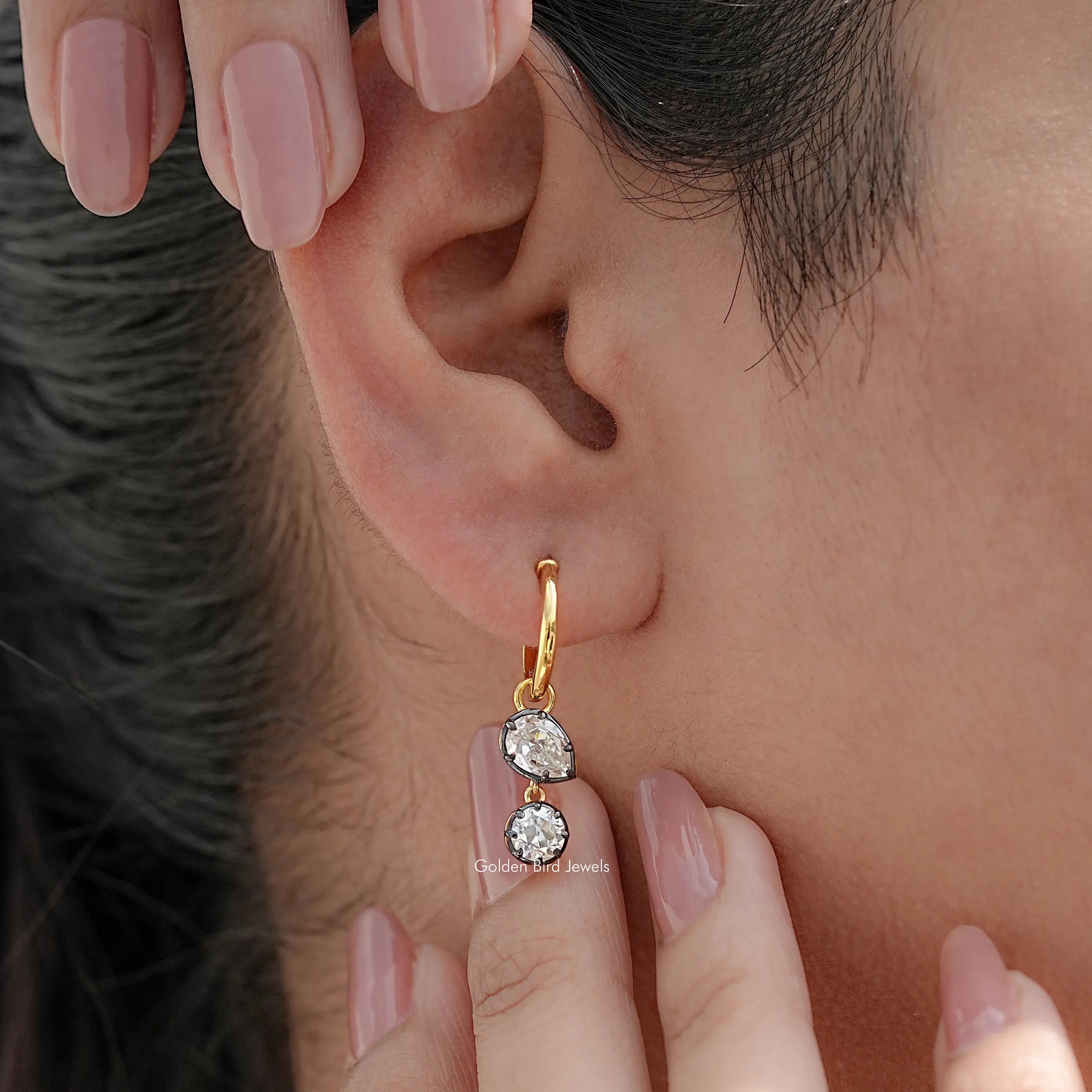 Old Mine Pear And Round Moissanite Dangle Hoop Earrings