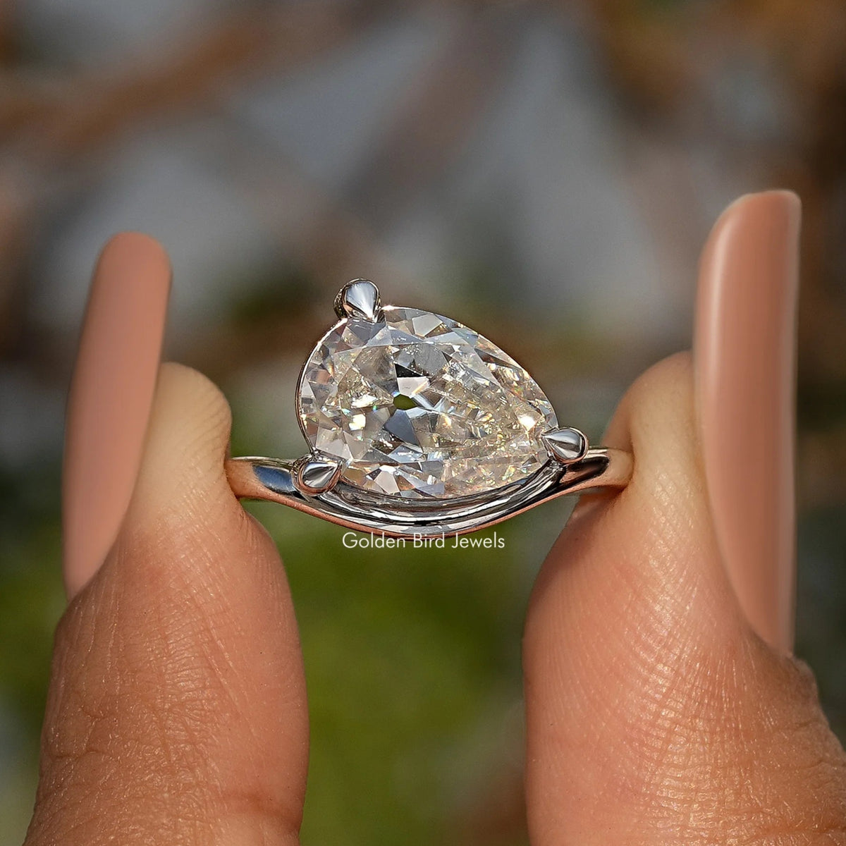 Old Mine Pear Curved Band Solitaire Engagement Ring