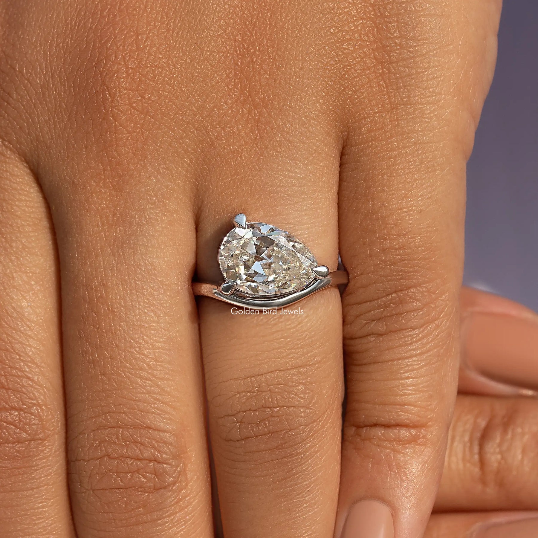 Old Mine Pear Cut Moissanite Carved Solitaire Ring