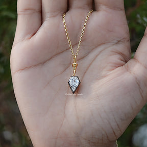 Close View Of Old Mine Shield Moissanite Pendant in Secure Setting 