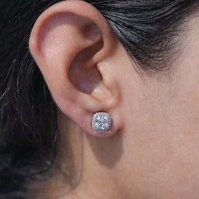 Close Up View of Old Cushion Cut Halo Earrings In White Gold 
