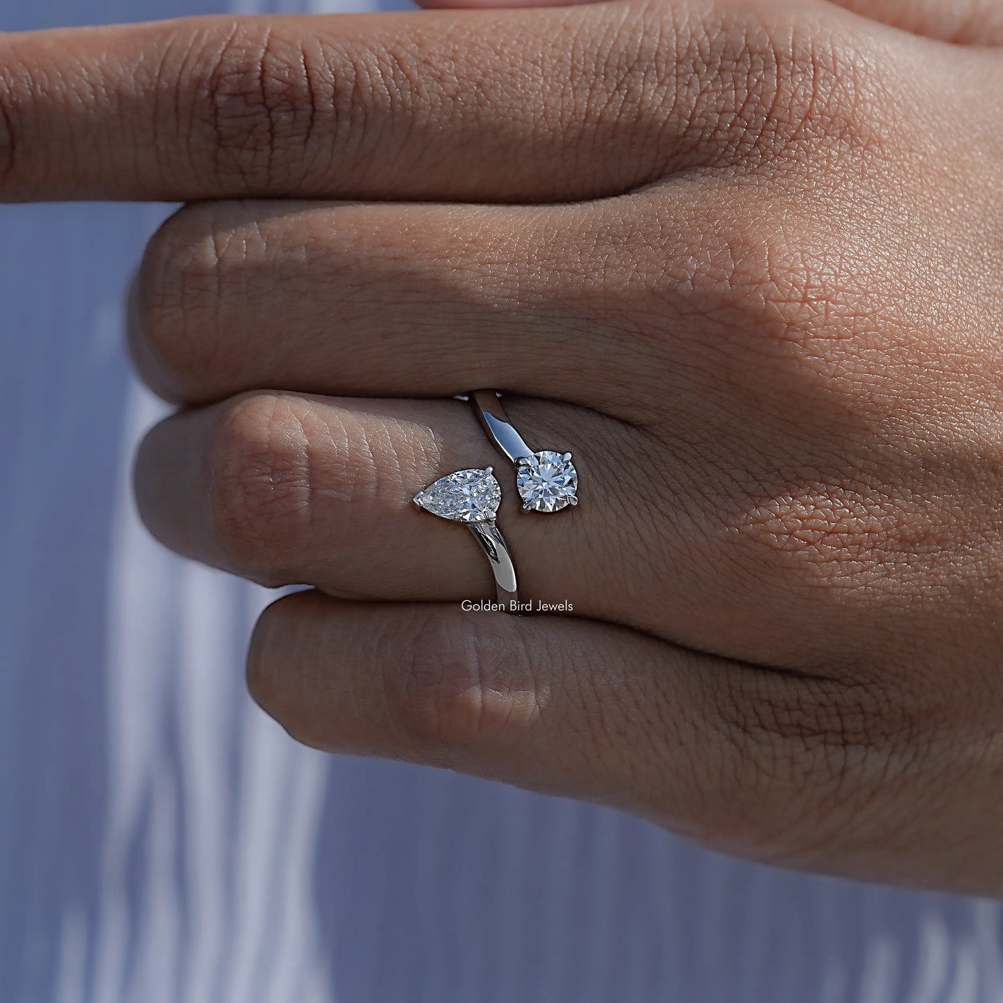 Close View Of Pear And Round Open Cuff Lab Diamond Ring
