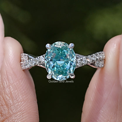 Blue Oval Moissanite Gemstone Accent Wedding Ring