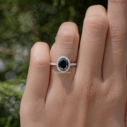 Black Oval Moissanite Gemstone Halo Accent Wedding Ring
