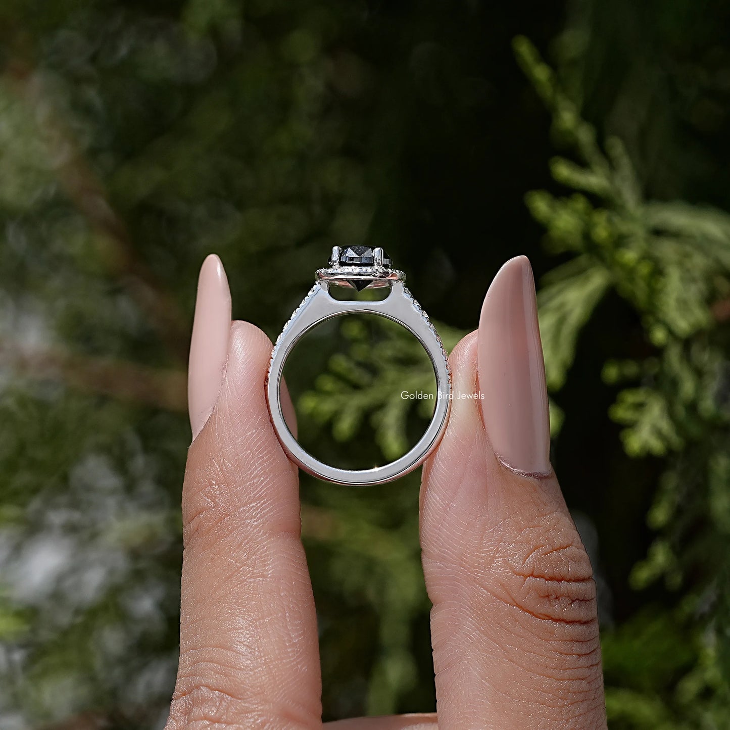 Black Oval Moissanite Gemstone Halo Engagement Ring