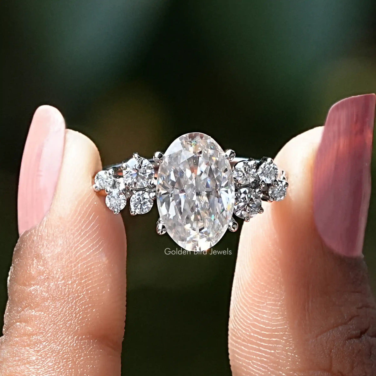 Front view of oval cut  moissanite  engagement ring  
