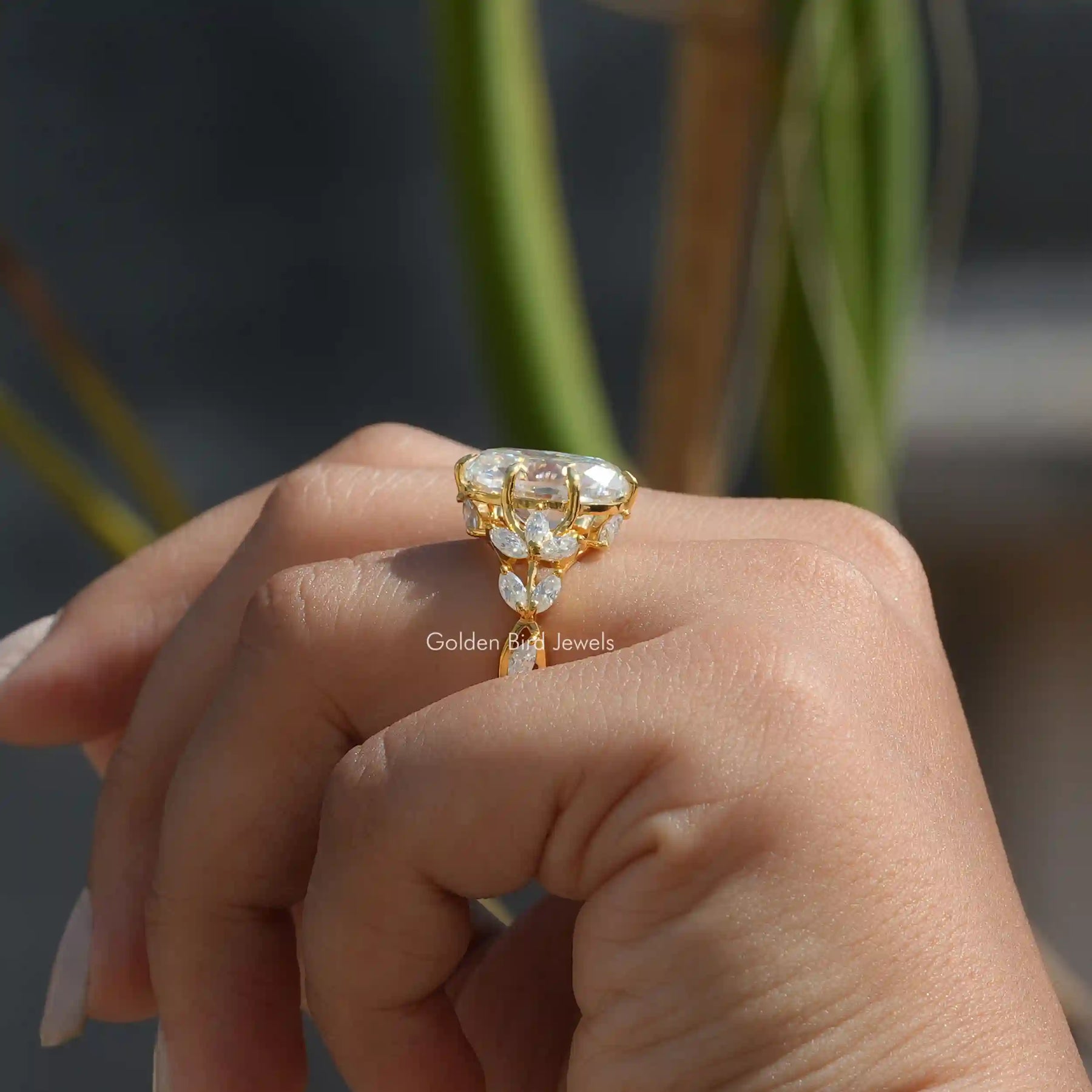 Side View of Crushed Ice Oval Cut Moissanite Ring In finger