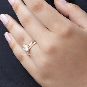 View of Oval Cut Moissanite Hidden Halo Bridal Ring In Finger
