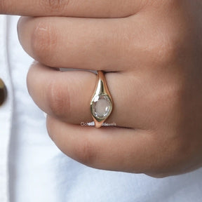 View of Rose Cut Oval Moissanite Bezel Set Solitaire Ring In finger