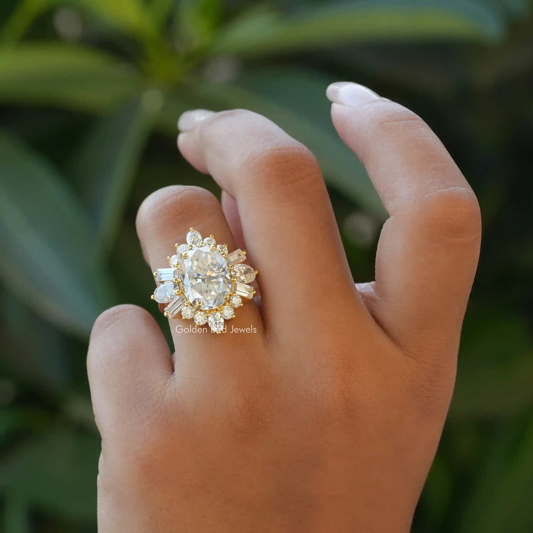 [Moissanite oval and baguette cut moissanite ring]-[Golden Bird Jewels]