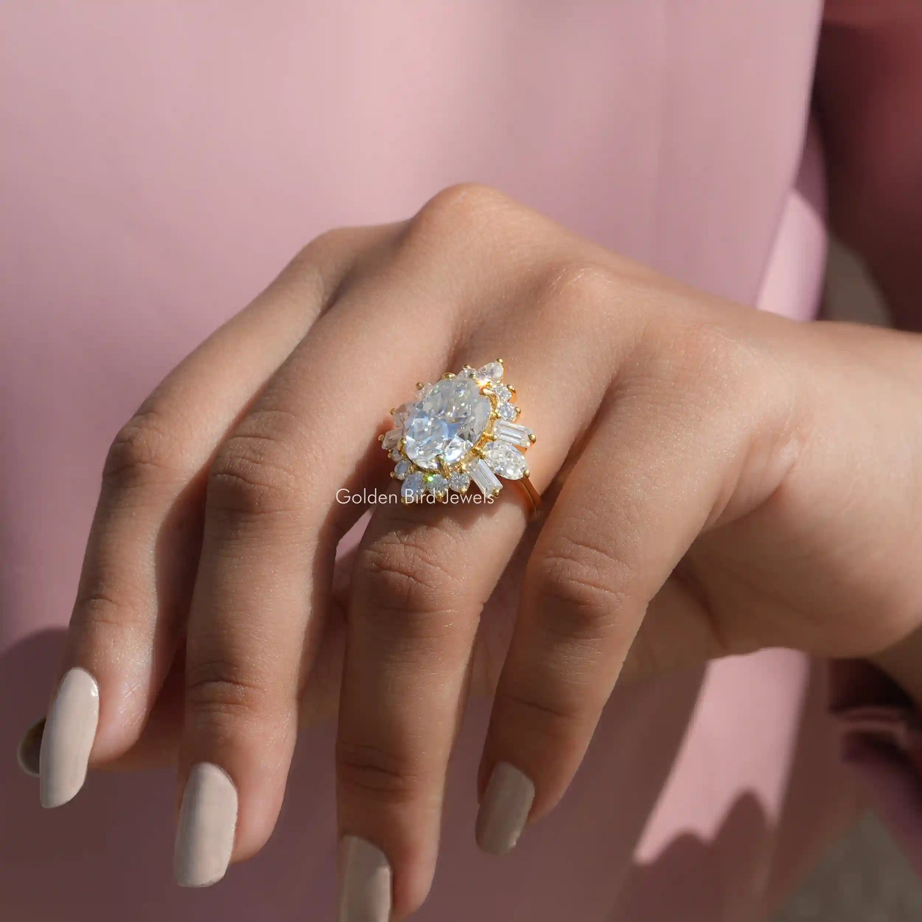 [Halo oval cut moissanite engagement ring]-[Golden Bird Jewels]