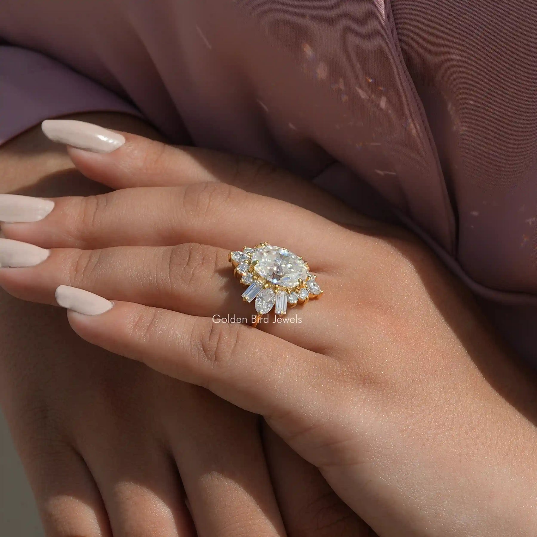 [Moissanite oval cut halo setting ring made of 14k yellow gold]-[Golden Bird Jewels]