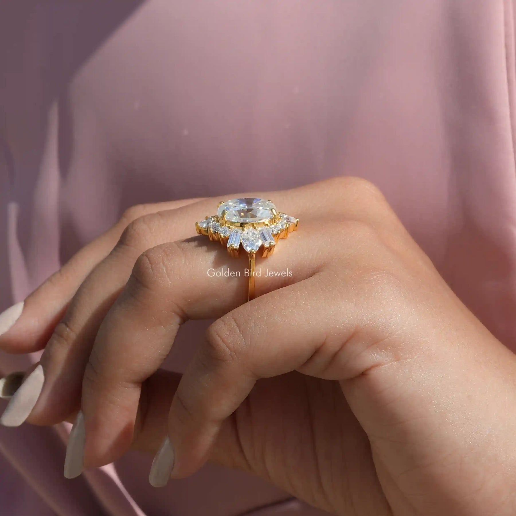 [Oval cut moissanite engagement ring made of side baguette and oval cut stones]-[Golden Bird Jewels]