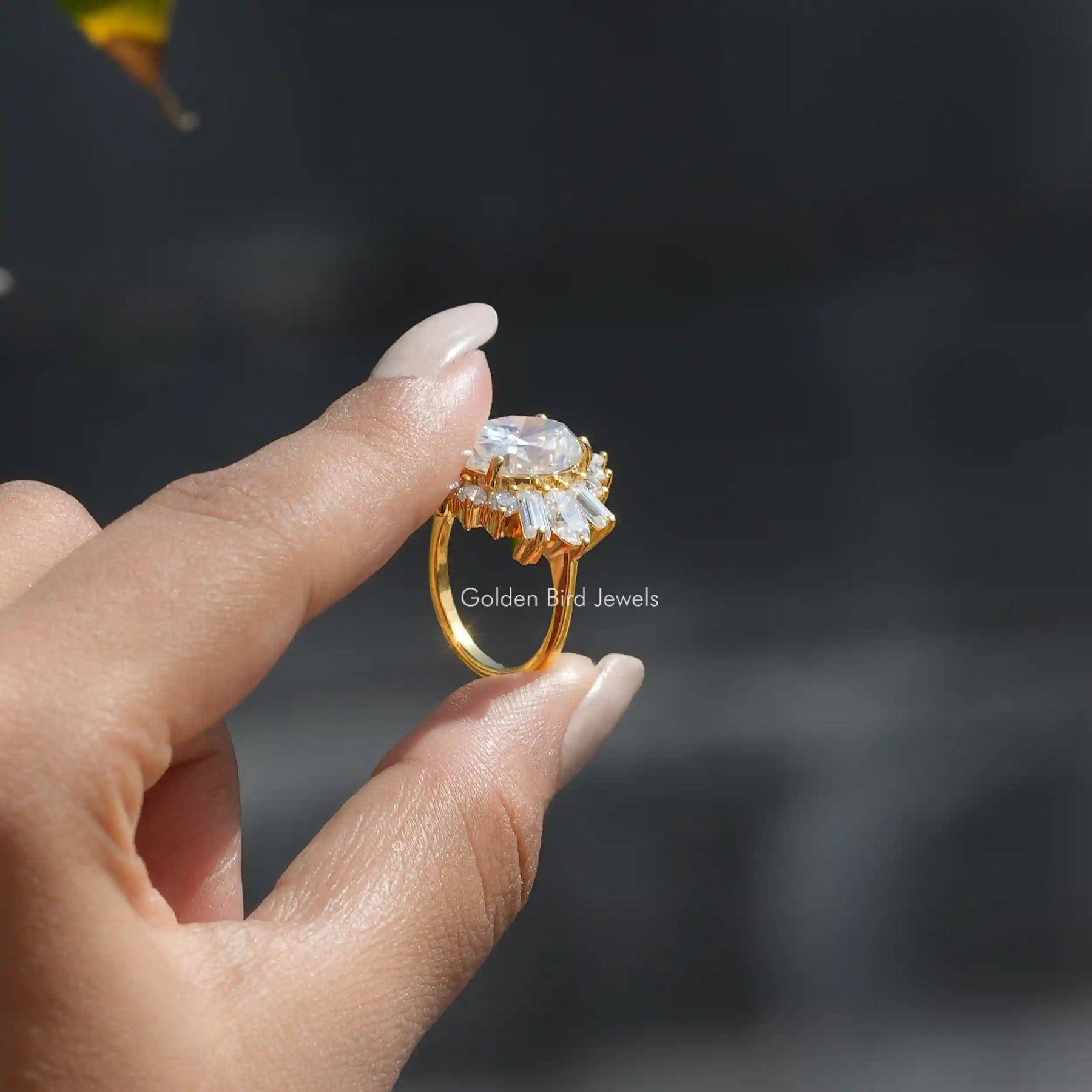 [Oval moissanite halo engagement ring made of yellow gold]-[Golden Bird Jewels]