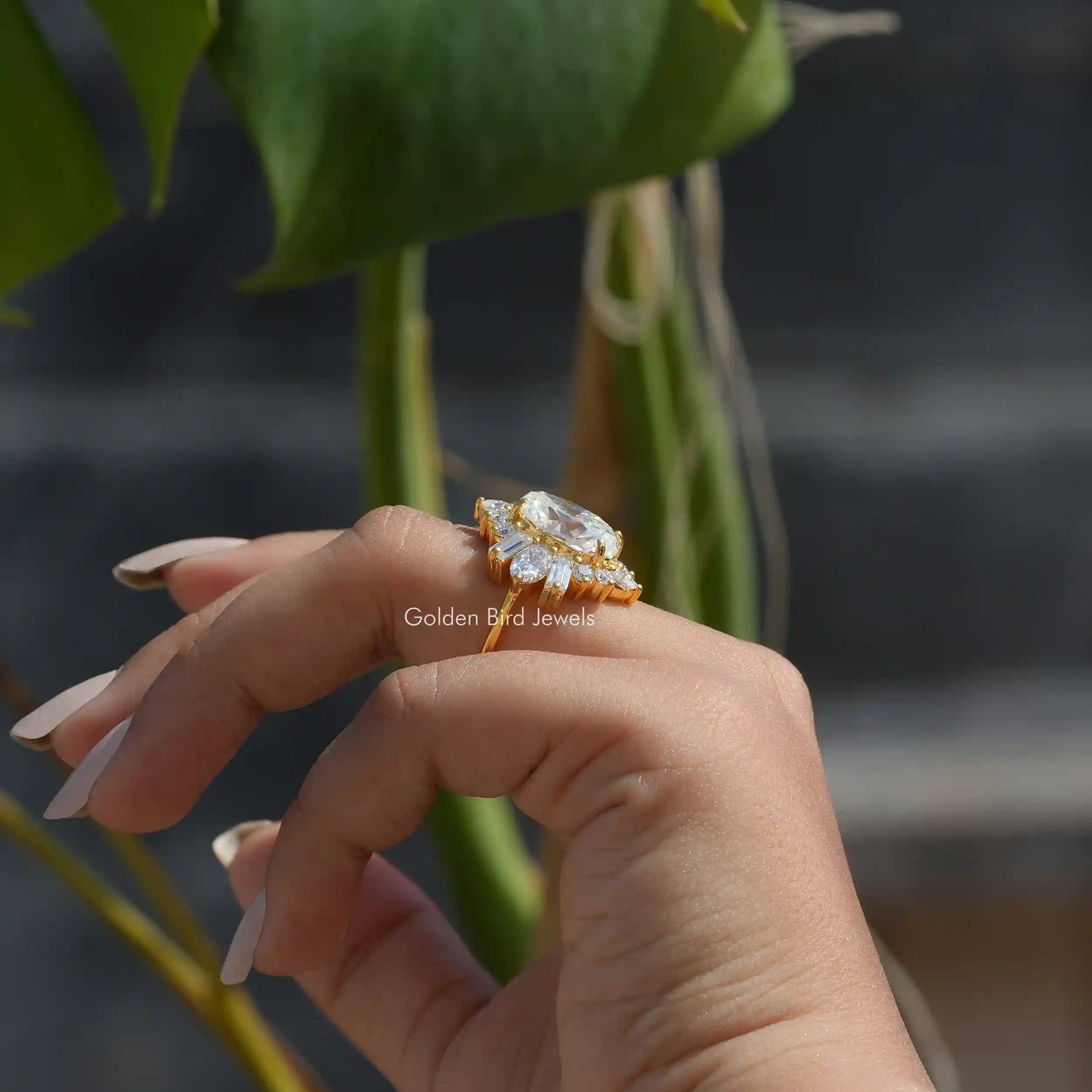 [Moissanite oval cut halo engagement ring]-[Golden Bird Jewels]