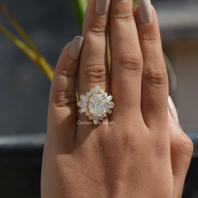 [Oval cut moissanite halo engagement ring in 14k yellow gold]-[Golden Bird Jewels]
