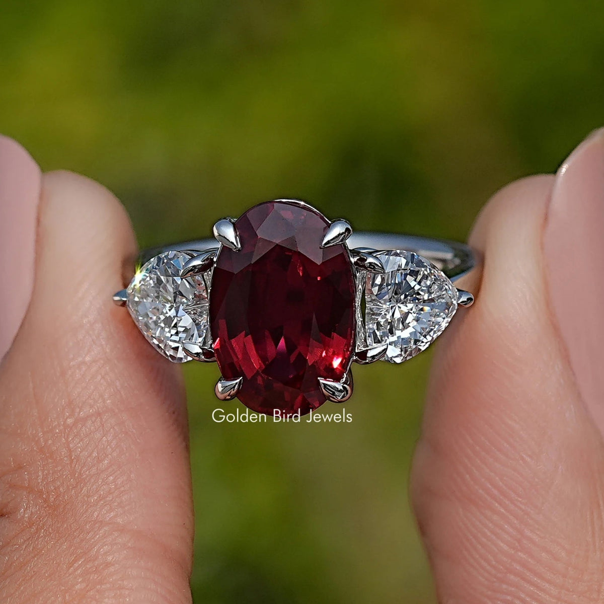 Oval Cut Ruby Gemstone Three Stone Ring