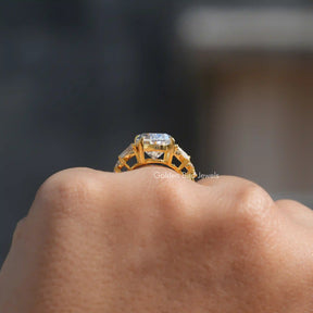 Back View of Oval Cut Moissanite Cluster Engagement Ring In finger