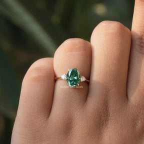 View of Moissanite Oval Cut 3 Stone Ring In finger