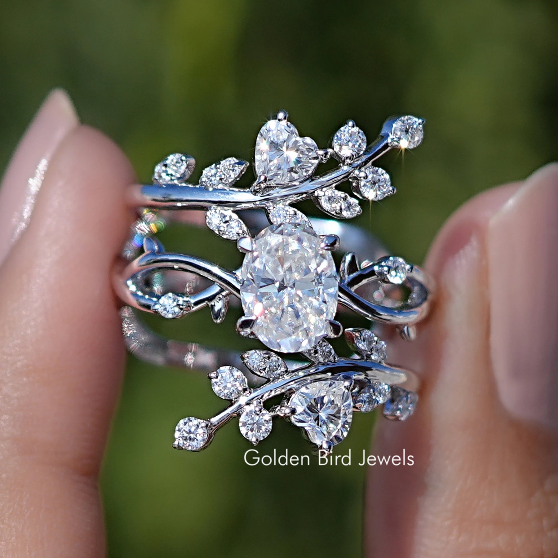 Front View Of Oval Cut Moissanite Twisted Shank Bridal Ring Set