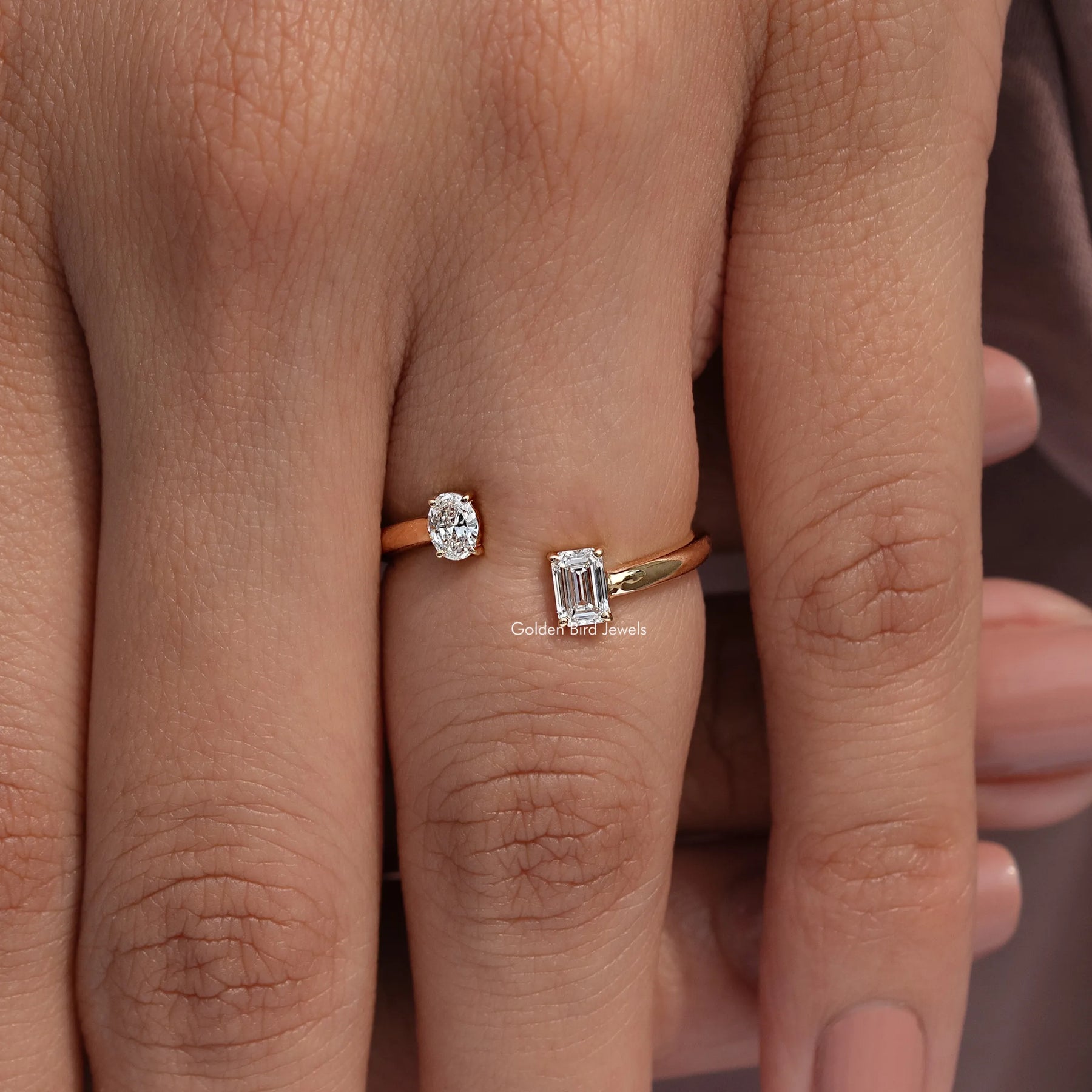 Oval And Emerald Open Cuff Lab Diamond Ring