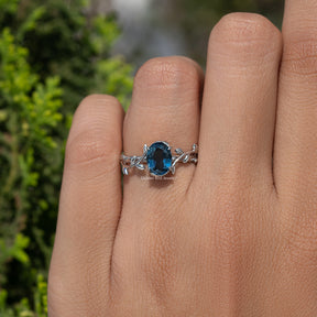 Sapphire Blue Oval Gemstone Leaf Style Ring