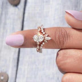 In finger front View of Moissanite Oval Cut Bridal Ring Set