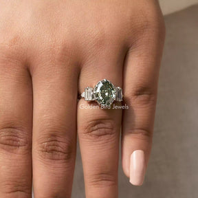 Moissanite Step Cut Oval Accent Stone Ring In White Gold