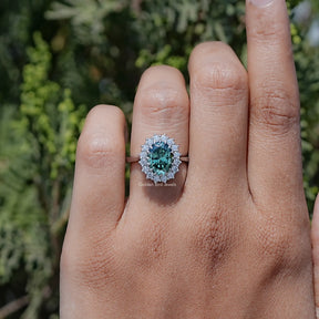 In finger view of Oval cut Moissanite Ring