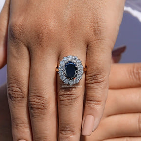 Black Oval Shape Moissanite Halo Engagement Ring